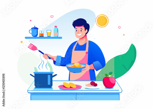 A person cooking breakfast. Cartoon style. Vector illustration.