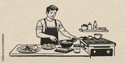 A person cooking breakfast monochrome image. Flat vector illustration.