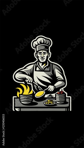 Hand drawn a person cooking breakfast image. Vintage style. Vector illustration.