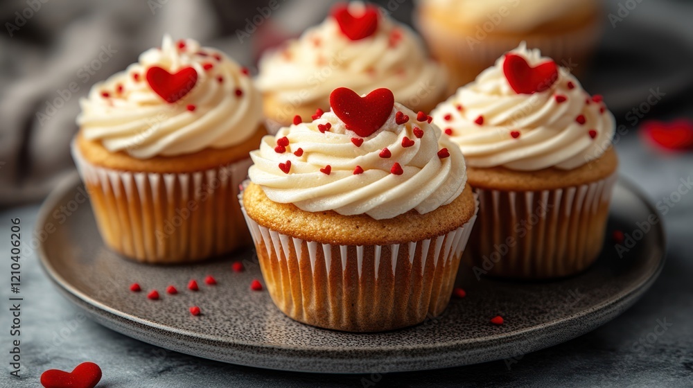 showcasing three delicate plates, each holding a vanilla muffin with a generous swirl of buttercream frosting showcasing three delicate plates, each holding a vanilla muffin with a generous swirl of buttercream frosting