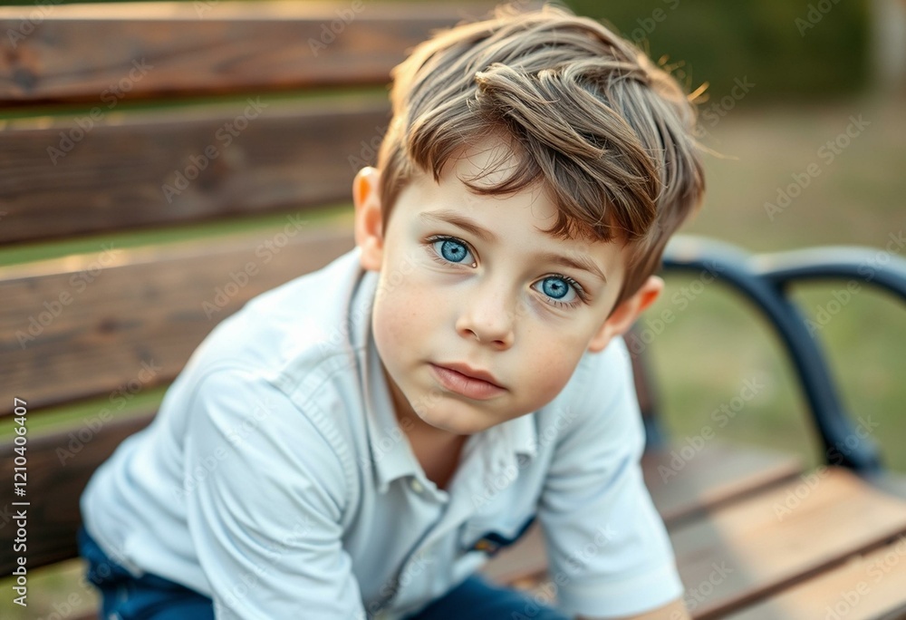 Portrait of a 10-year-old boy sitting on a wooden bench Portrait of a 10-year-old boy sitting on a wooden bench