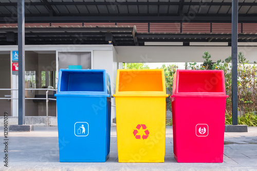 Set of multicolor waste sorting garbage cans on pavement floor in front of public restroom at gas station photo