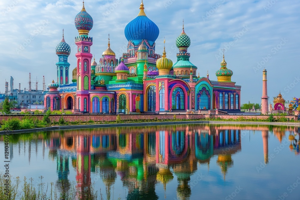 Obraz premium Vibrant Colorful Palace Reflecting in Calm Lake