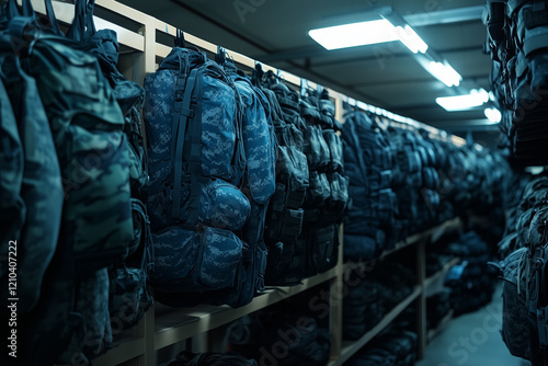 A photograph of military and equipment hanging on shelves in an army warehouse, with rows of blue camouflage fatigues and black tactical backpacks. photo