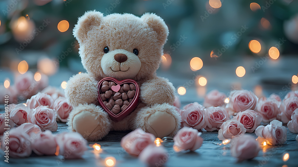 custom made wallpaper toronto digitalAdorable Teddy Bear Holding Heart-shaped Chocolate Box with Roses
