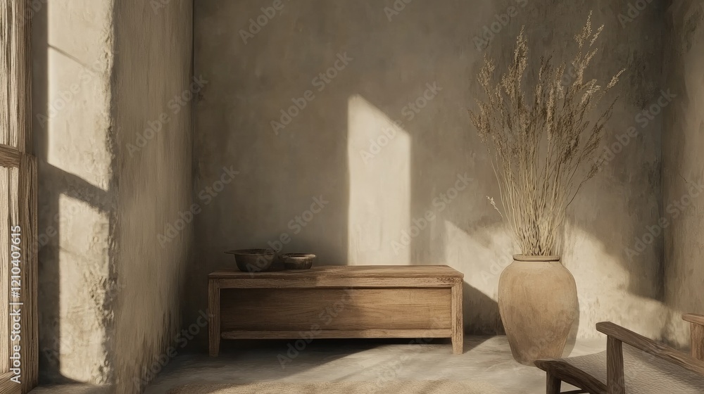 A cozy boho living space with wooden furniture, neutral decor, and an empty wall mockup, enhanced by soft textures and natural elements A cozy boho living space with wooden furniture, neutral decor, and an empty wall mockup, enhanced by soft textures and natural elements