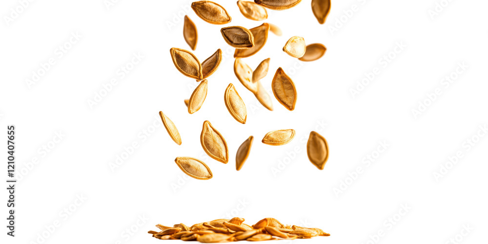 Fototapeta premium Falling pumpkin seeds isolated on transparent background