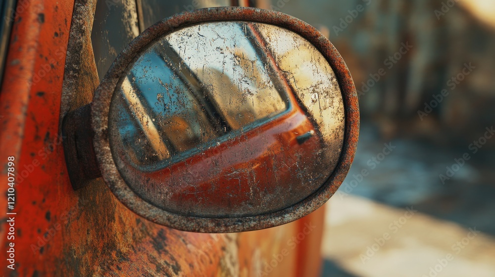 Side mirror of a vehicle showing a reflection of the road behind, with a focus on texture and precision Side mirror of a vehicle showing a reflection of the road behind, with a focus on texture and precision