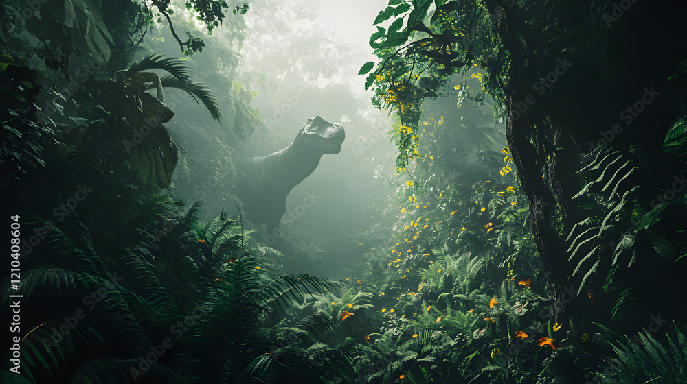 Fototapeta premium A Majestic T-Rex Roaring Proudly in a Lush Prehistoric Jungle Surrounded by Exotic Flora and Misty Vistas