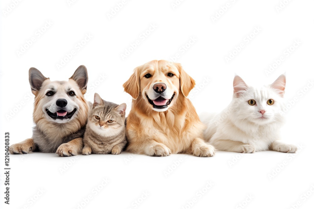 Happy dogs and cats together in a row Happy dogs and cats together in a row