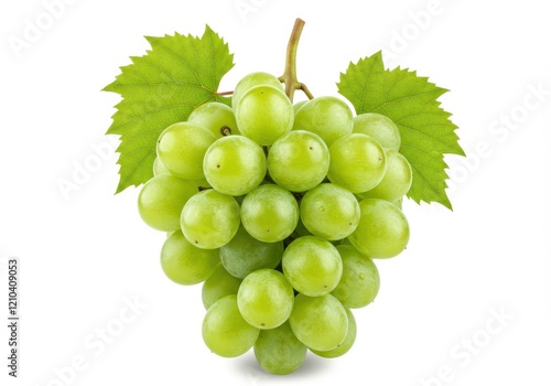 A fresh cluster of green grapes with a vibrant stem and attached leaves isolated on white background