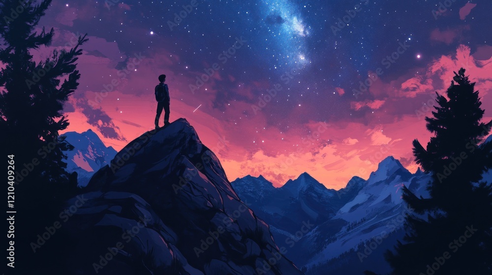 Man silhouetted on mountain peak, gazing at vibrant sunset and starry night sky. Man silhouetted on mountain peak, gazing at vibrant sunset and starry night sky.