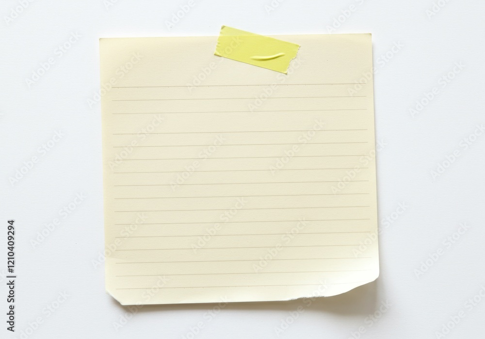 A beige torn notebook page with horizontal lines and a yellow tape piece securing it isolated on white background