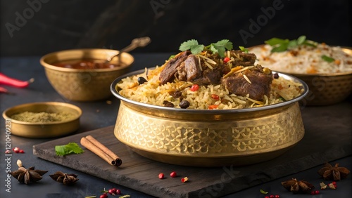 Mutton Biryani served in a golden dish, closeup shot photo