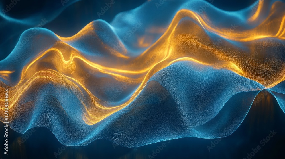 Dynamic abstract glowing waves in blue and gold, luxurious and vibrant, soft light and reflections, peaceful and magical, high detail and elegant atmosphere Dynamic abstract glowing waves in blue and gold, luxurious and vibrant, soft light and reflections, peaceful and magical, high detail and elegant atmosphere