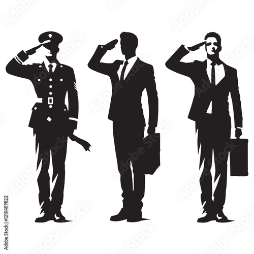 Simplistic set of saluting man silhouette digital art offering versatile and attractive design ideas - man saluting vector set - man saluting illustrations set

