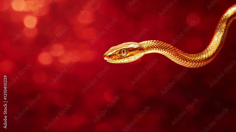 Empty space, a long delicate golden snake hovering and flying in the air, metallic snake, red background, depth of field Empty space, a long delicate golden snake hovering and flying in the air, metallic snake, red background, depth of field