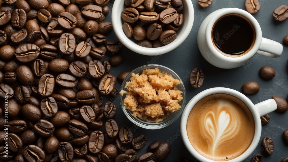 Fototapeta premium Aromatic coffee beans sugar and espresso delight