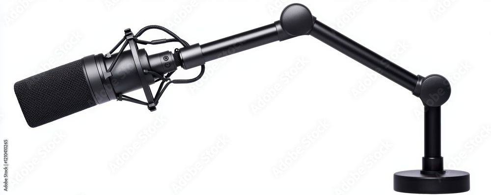 A professional-grade microphone arm stand with an adjustable clamp displayed on a solid white background, single object A professional-grade microphone arm stand with an adjustable clamp displayed on a solid white background, single object