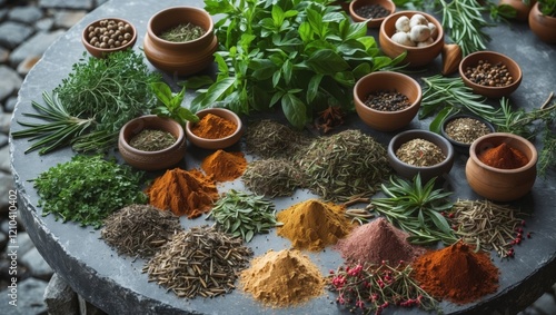 Aromatic herbs and spices spread on stone table photo