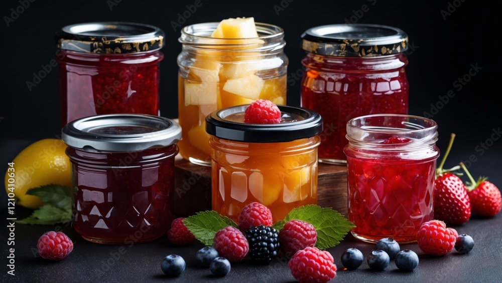 Assorted fruit jams in glass jars on black background Assorted fruit jams in glass jars on black background