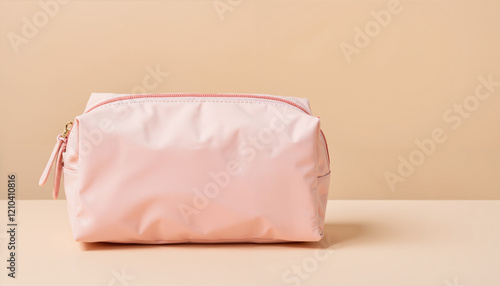 Cosmetic bag mockup in soft pink color on a beige background