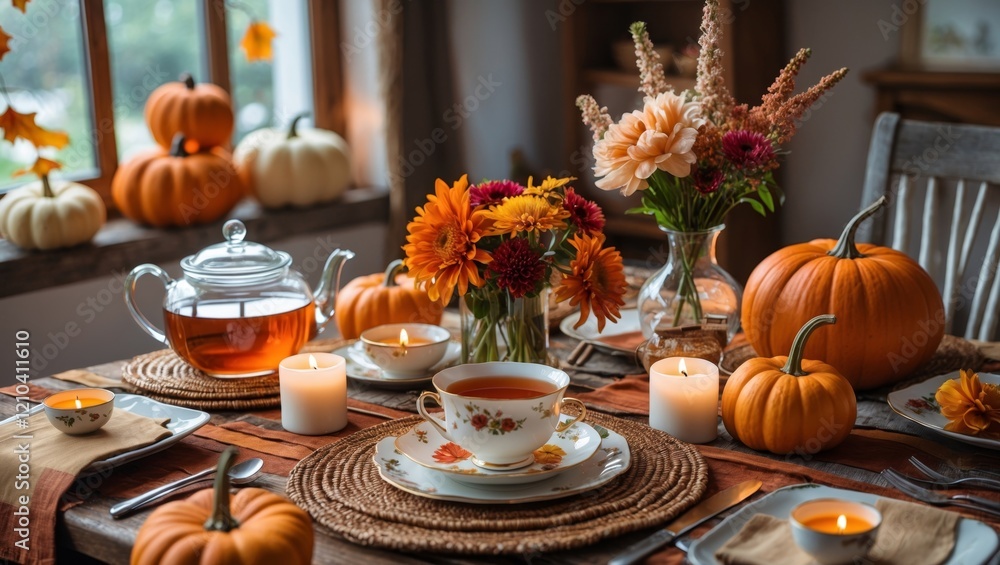 Autumn table setting with tea pumpkins and flowers Autumn table setting with tea pumpkins and flowers