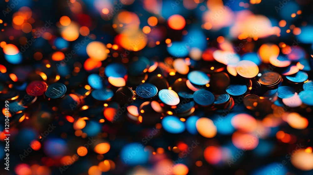 Naklejka premium Financial Abundance Close-Up of Vividly Colored Coins, Softly Defocused, Ideal for Economic Themes