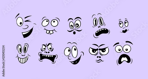 Set of Fun Emotion Faces. Playful Doodle Emoticons with Expressive Eyes and Mouth, Smiling and Winking. Illustrations of Different Moods