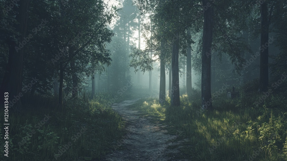 Obraz premium Misty forest path at sunrise, sunlight filtering through trees.