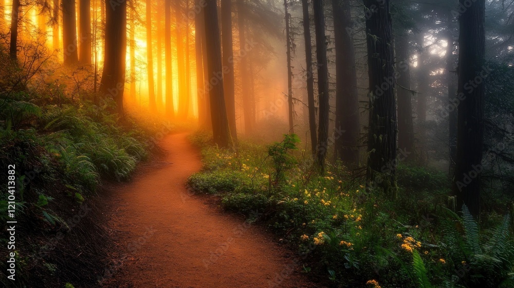 Obraz premium Misty forest path at sunset, sunlight through trees, flowers.