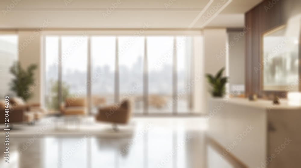 Fototapeta premium Beautiful blurred background of a light modern office interior with panoramic windows and beautiful lighting