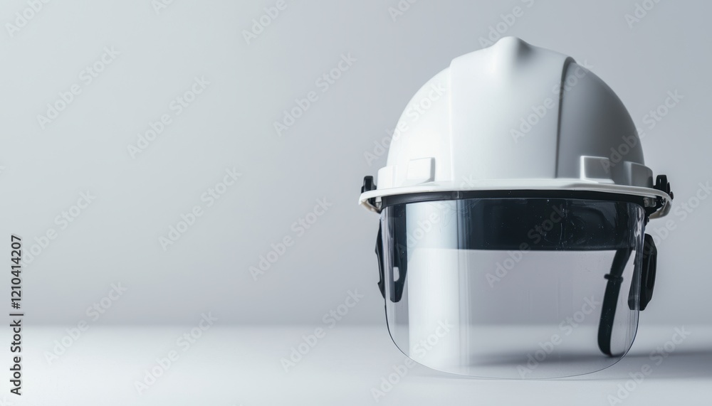 Fototapeta premium A clear plastic face shield used by firefighters for wildfire protection placed upright on a solid white background, single object