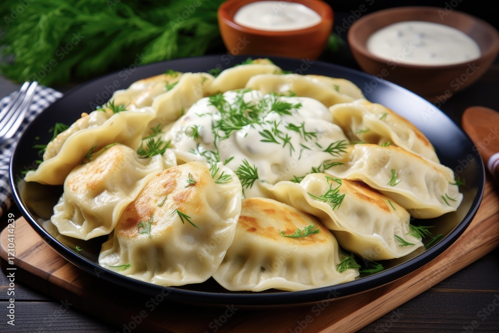 Delicious Homemade Boiled Pierogies with Cheese and Cabbage Dish on a Background of Cooking and Cookery Delicious Homemade Boiled Pierogies with Cheese and Cabbage Dish on a Background of Cooking and Cookery
