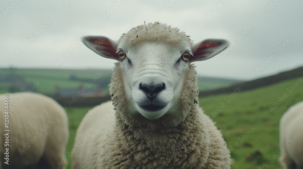 Obraz premium A Fluffy Sheep Stares Directly Ahead In A Field