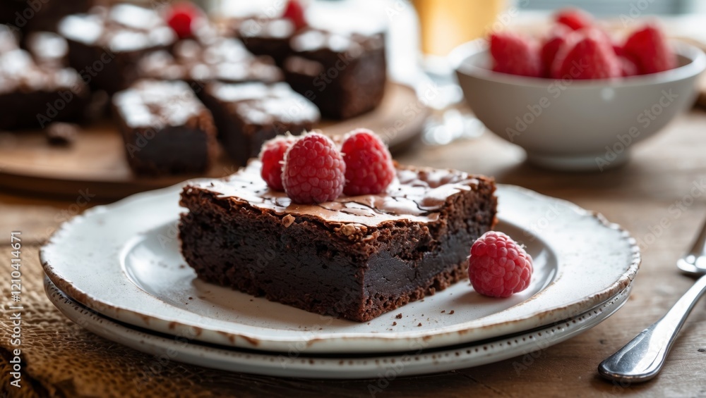 Delicious brownie slice on elegant table plate Delicious brownie slice on elegant table plate