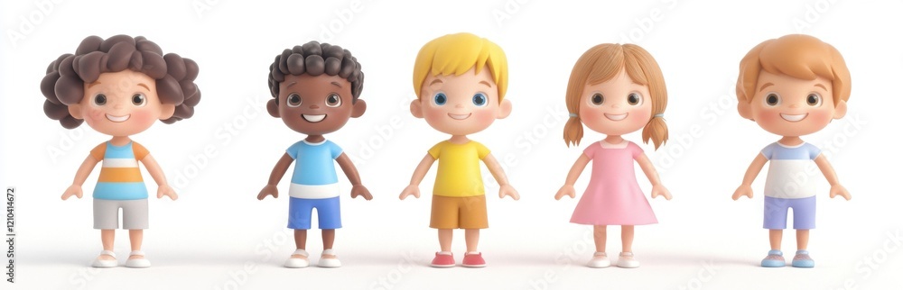 This charming illustration features five diverse cartoon children, each with unique hairstyles and clothing, radiating joy and friendship in a vibrant, playful design. This charming illustration features five diverse cartoon children, each with unique hairstyles and clothing, radiating joy and friendship in a vibrant, playful design.
