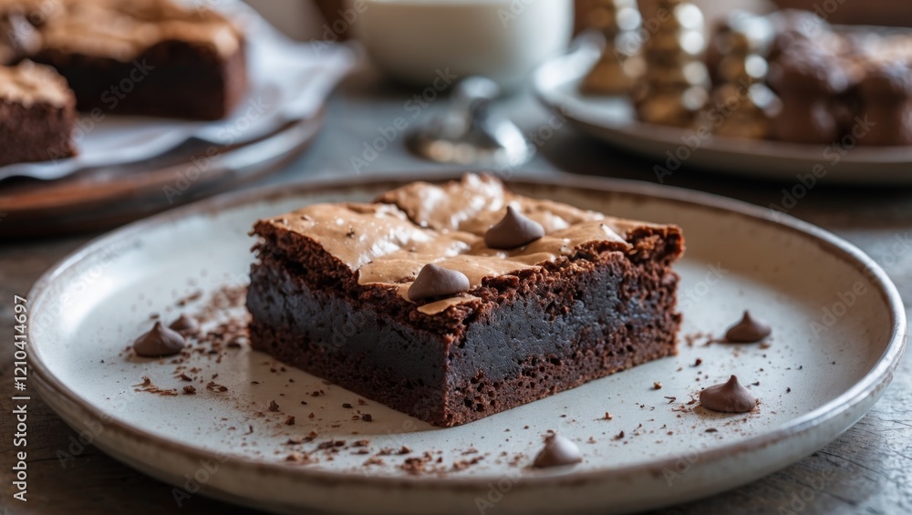Delicious brownie slice on elegant table plate Delicious brownie slice on elegant table plate