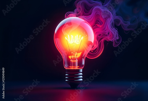A light bulb with a red glow and a pink smoke coming out of it on a dark background