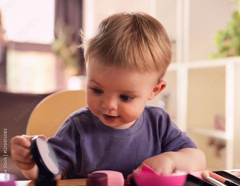 Charming Toddler Playing With Make-Up: Creative Exploration in a Delightful Childhood Scene Charming Toddler Playing With Make-Up: Creative Exploration in a Delightful Childhood Scene