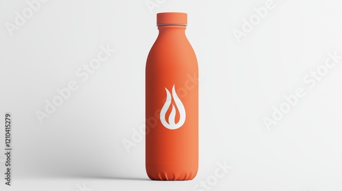 A reusable water bottle with a wildfire prevention awareness sticker placed upright on a solid white background, single object photo