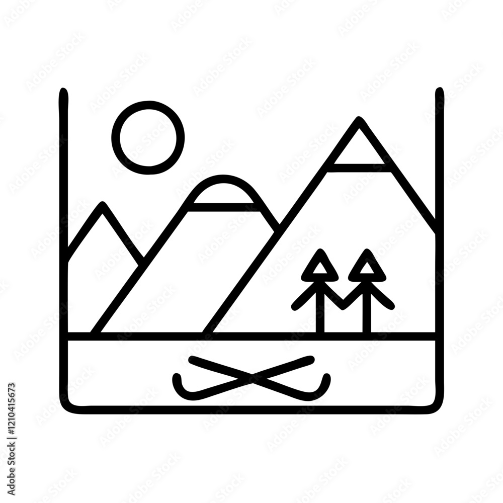 skiing landscape icon, skiing landscape line art - simple line art of skiing landscape, perfect for skiing landscape logos and icons skiing landscape icon, skiing landscape line art - simple line art of skiing landscape, perfect for skiing landscape logos and icons