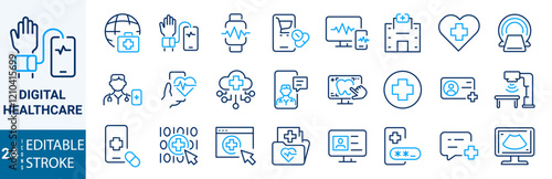 Digital healthcare and telemedicine web line icons. editable stroke. vector illustration. 