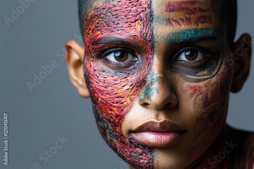 Dynamic, colorful layers representing the individuality of ethnically diverse facial patterns and scars