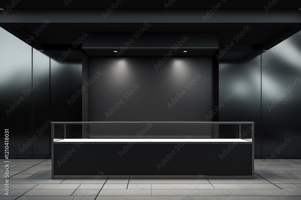 Empty Storefront Design with Black Aluminum and Glass Marble. 3D Illustration Rendering for Blank Boutique Advertising Empty Storefront Design with Black Aluminum and Glass Marble. 3D Illustration Rendering for Blank Boutique Advertising