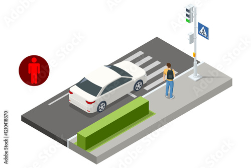 An isometric vector of a pedestrian at a crosswalk with a red car stopped at the traffic light. The pedestrian is waiting for the signal. Traffic regulation on pedestrian crossing.