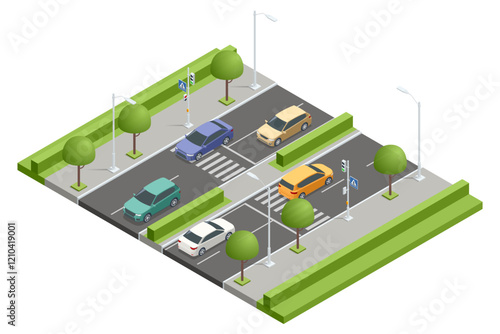 An isometric city design of multiple pedestrian crossings with vehicles stopping at signals. Pedestrians are walking, waiting, or crossing safely. Traffic regulation on pedestrian crossing.