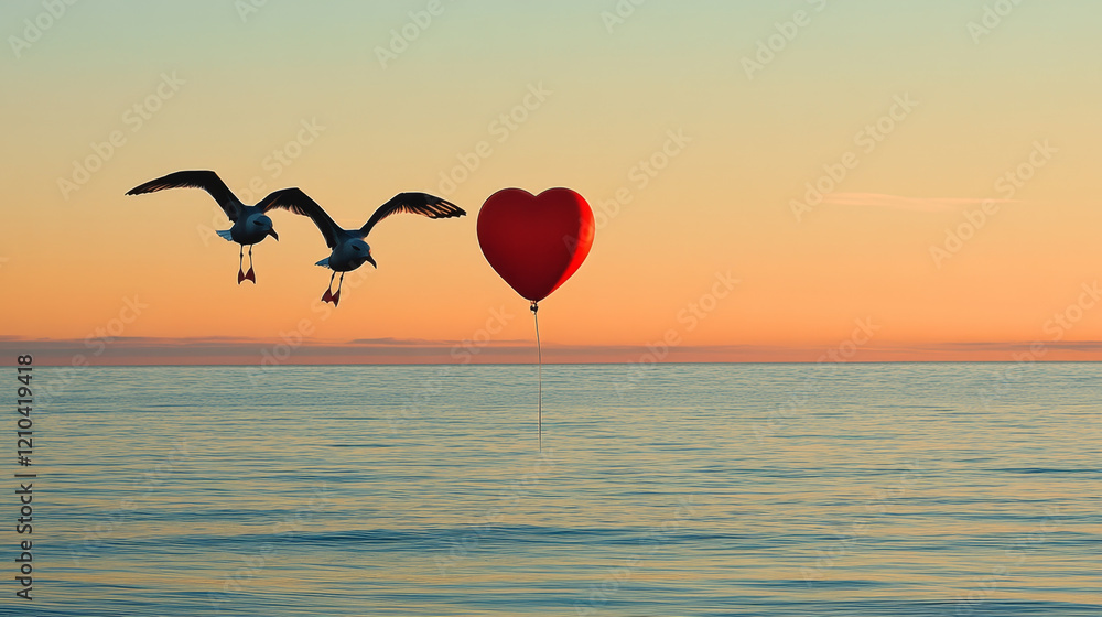 Fototapeta premium Two seagulls fly over calm ocean; heart-shaped balloon floats.