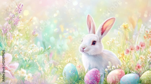 Wallpaper Mural Easter arrangement with bunny and pastel eggs, soft pastel background, bright and cheerful, high detail, inviting and cozy spring decoration Torontodigital.ca