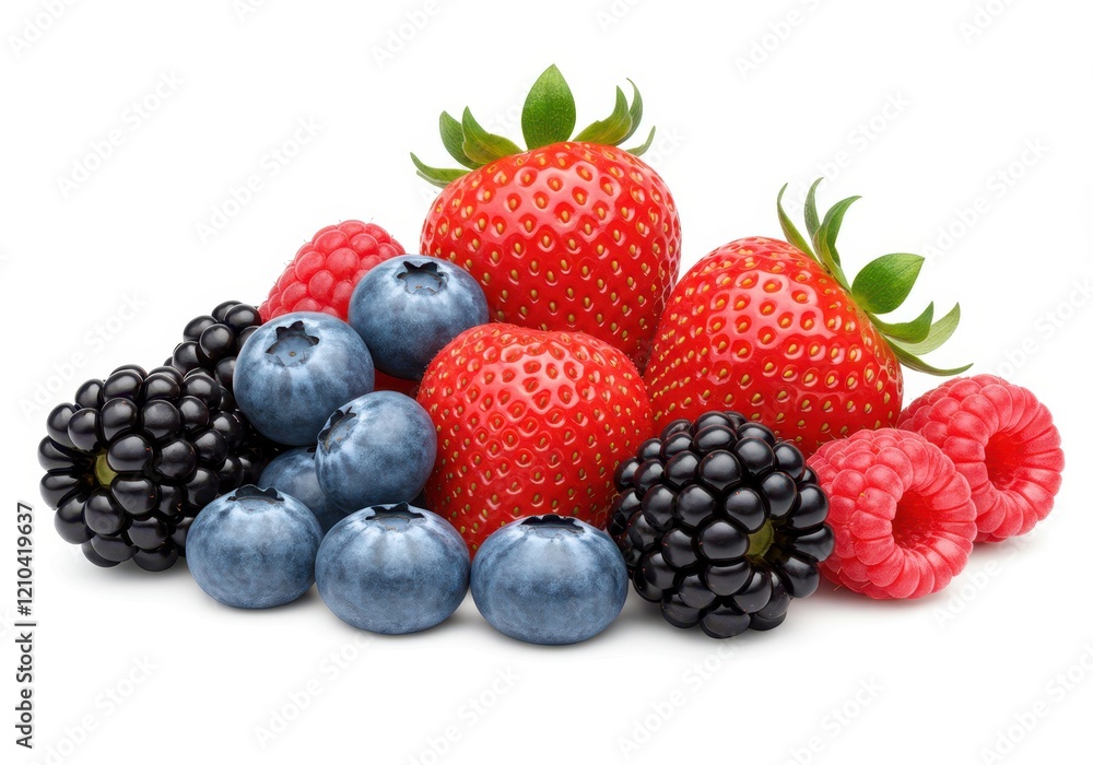A fresh assortment of berries, including strawberries, blueberries, blackberries, and raspberries isolated on white background A fresh assortment of berries, including strawberries, blueberries, blackberries, and raspberries isolated on white background